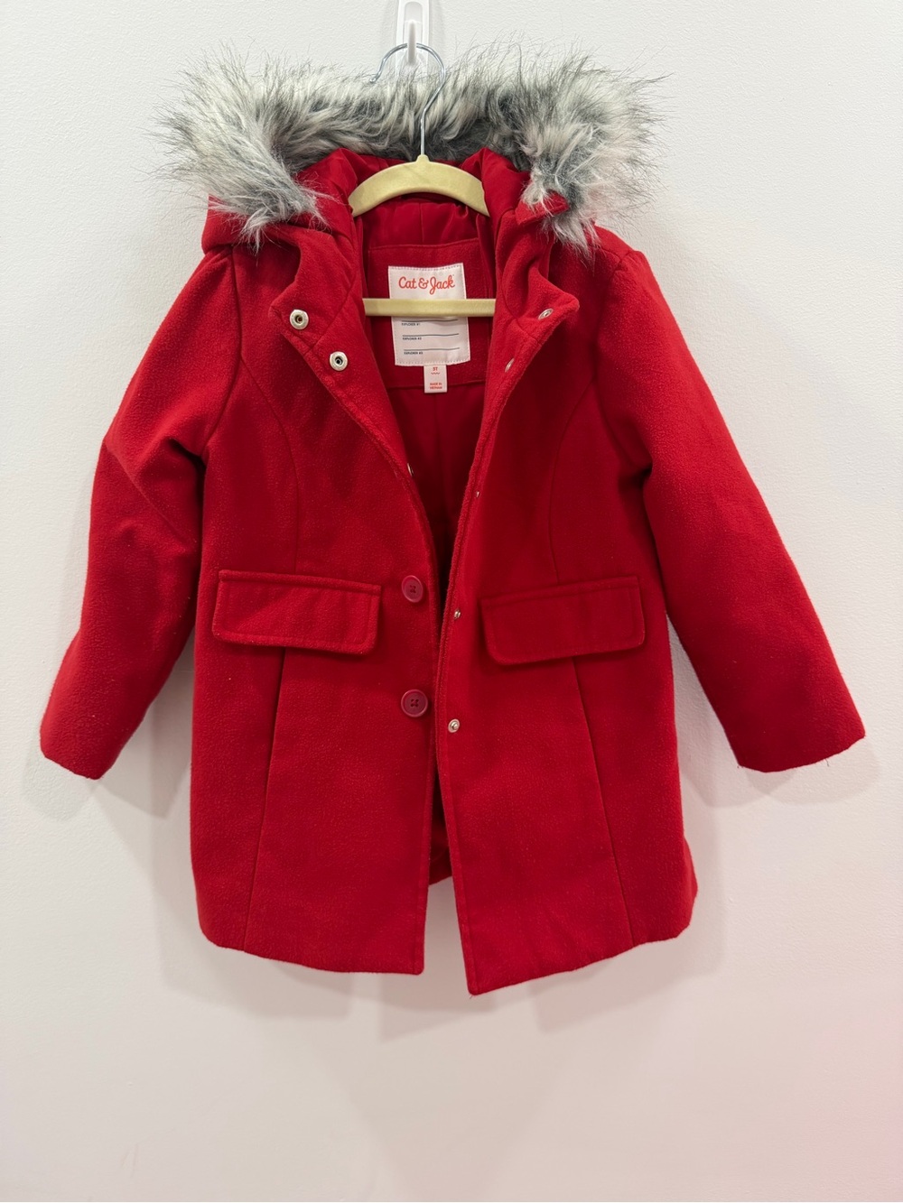 Cat & Jack Bright Red Hooded Pea Coat with Faux Fur Trim 5T kids